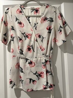 Sienna Sky White Floral Wrap Blouse with Pink and Gray Accents